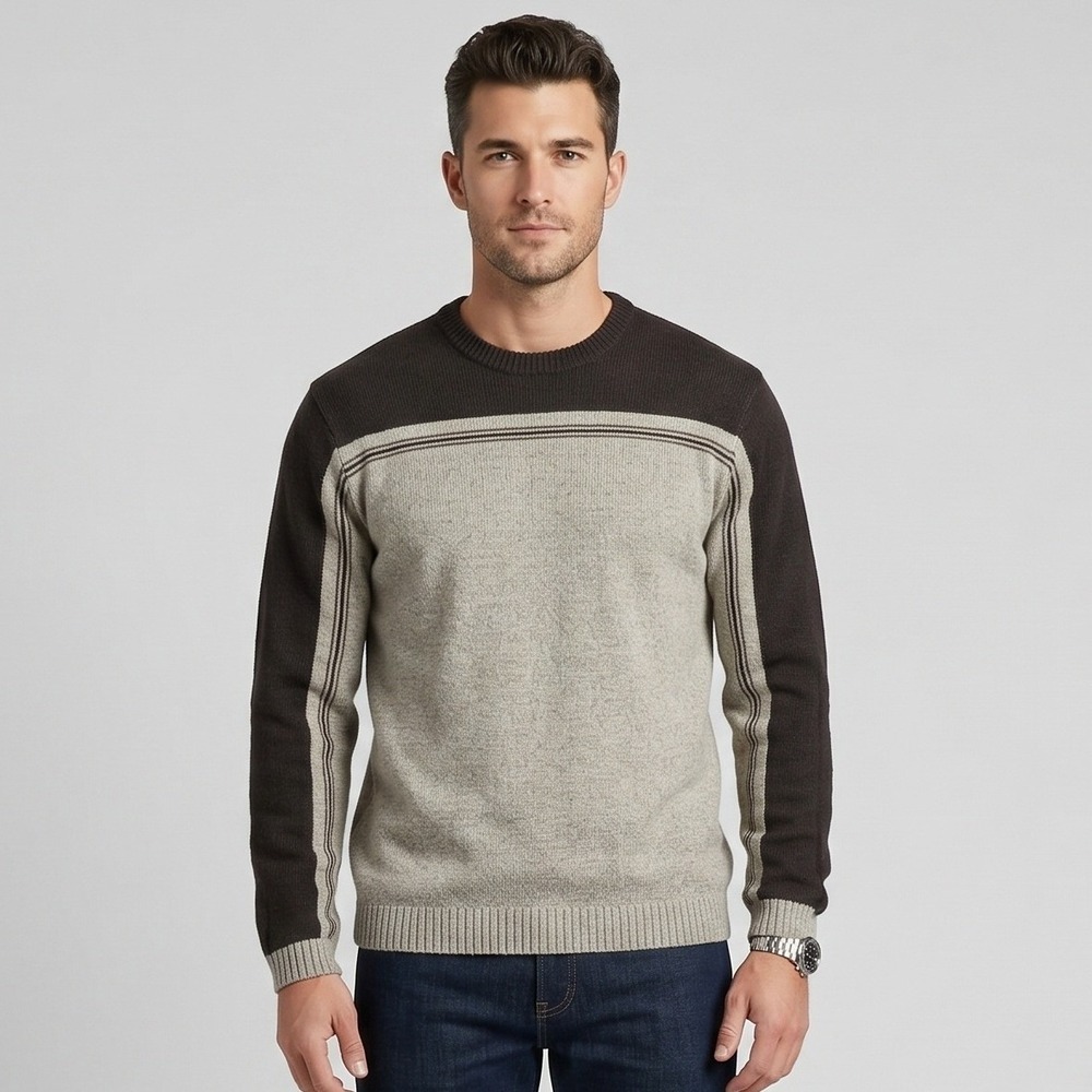 Arizona Men Large Brown Sweater Pullover Crew Neck‎ Colorblock Striped Knit